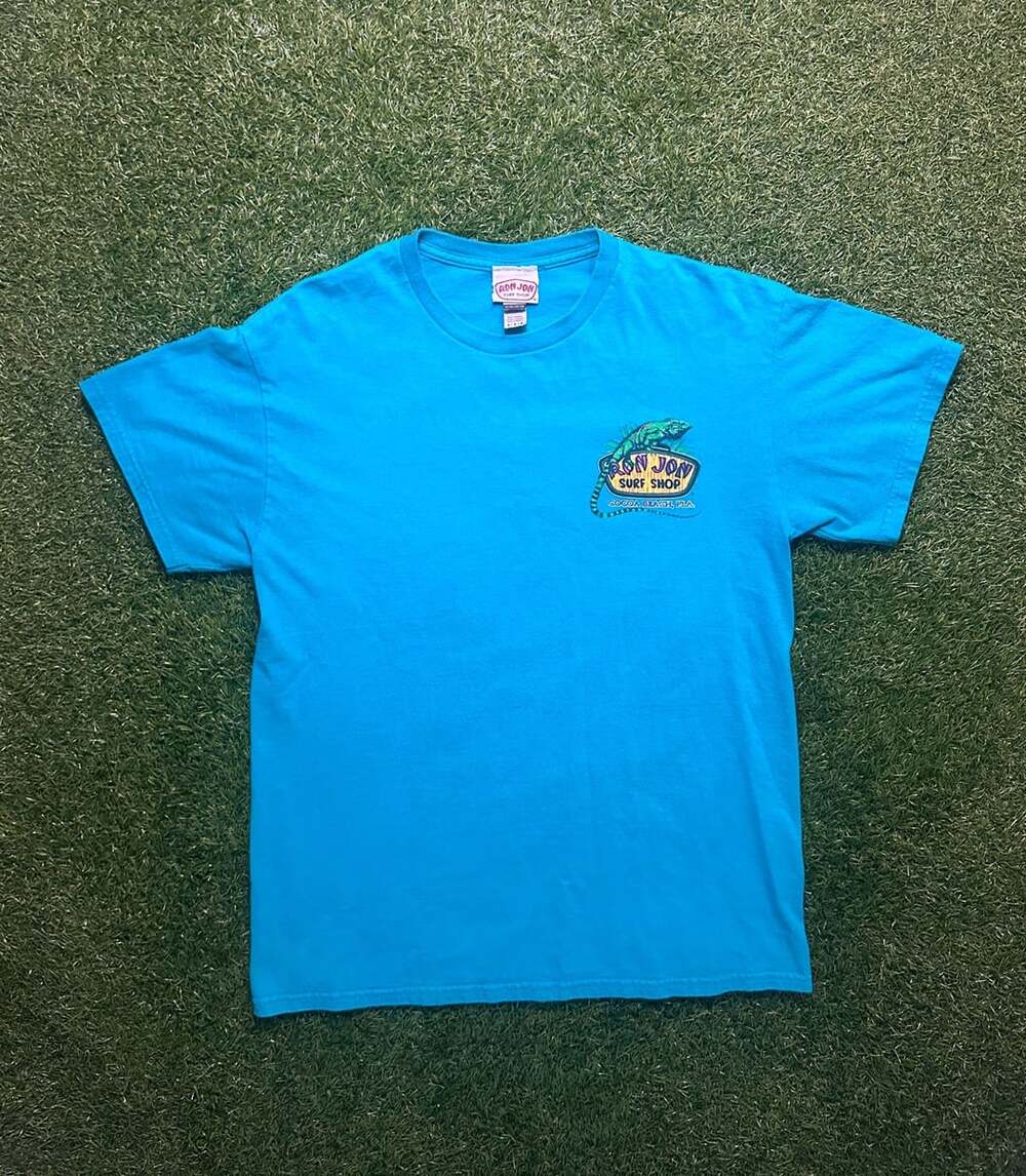Y2K Ron Jon Surf Shop Graphic T-Shirt Size L Blue Iguana Cocoa Beach